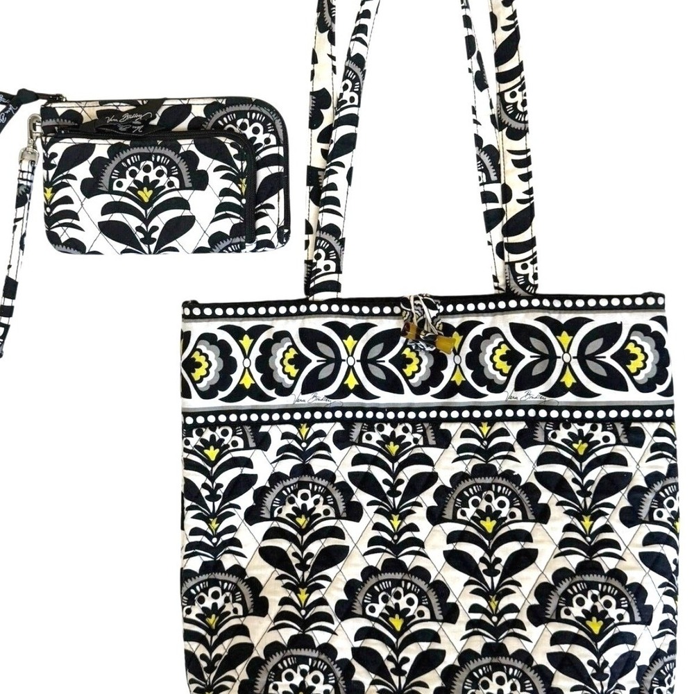 Vera‎ Bradley Tote and Wristlet Set Women Large Black White Floral Nightingale